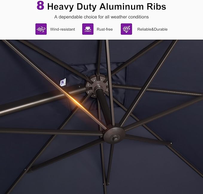 PURPLE LEAF 8 Feet Cantilever Patio Umbrella Square Umbrella with 360° Rotation and Aluminum Offset Hanging Outdoor Umbrella for Pool Garden Backyard Deck, Navy Blue