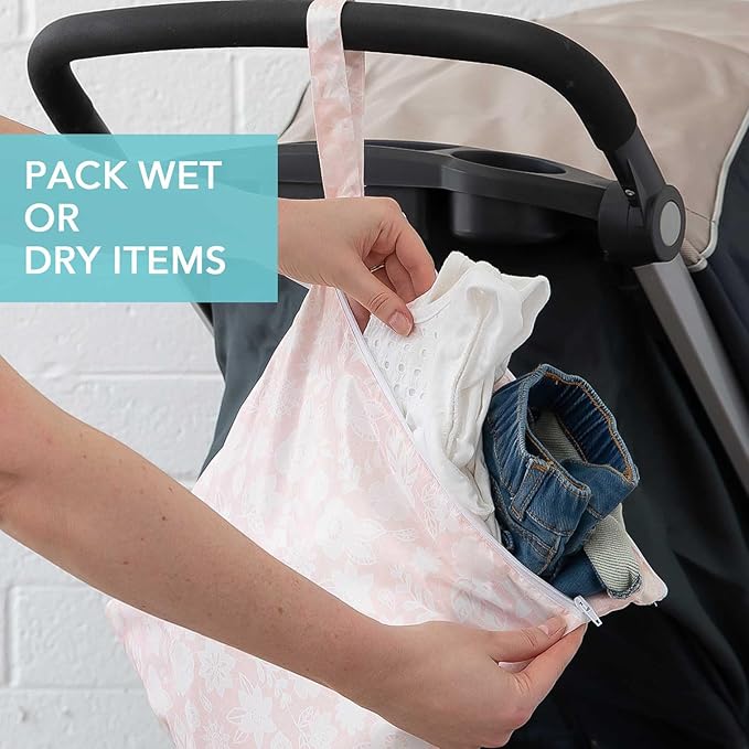 Bumkins Waterproof Wet Dry Bag for Baby, Travel, Swim Suit, Cloth Diapers, Pump Parts, Pool, Beach, Gym Clothes, Toiletry, Hook to Stroller, Daycare, Zipper Reusable Wetdry Packing Pouch, Floral Gray