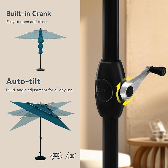 PHI VILLA 10ft Outdoor Patio Umbrellas for Outside, 3 Tier Vented Market Table Umbrella Windproof for Backyard, Deck, Garden, 1.5" Pole, Cyan（No Base）