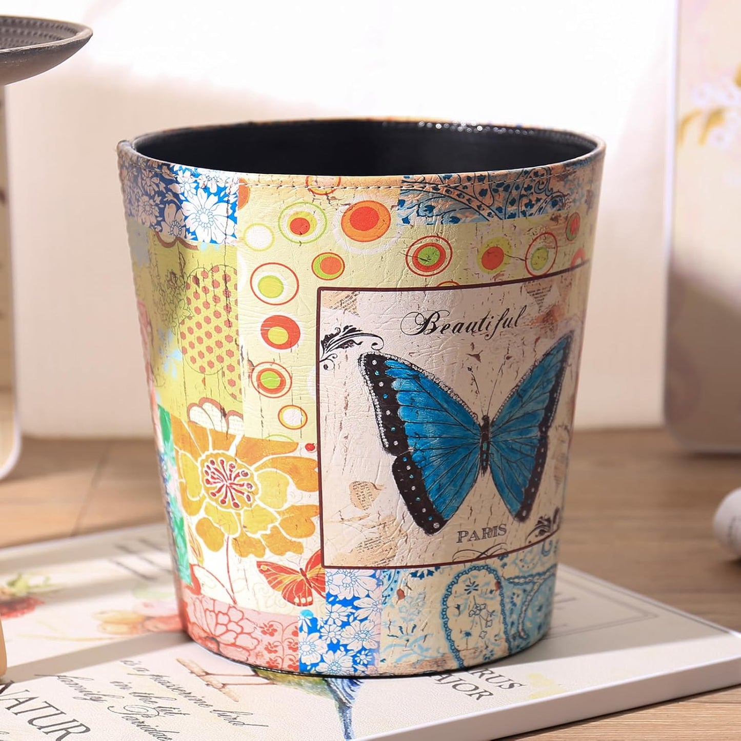 PU Leather Small Trash Can Wastebasket, Round Garbage Container Basket for Bathrooms, Laundry Room, Kitchens, Offices, Kids Rooms, Bedrooms,Dorms,Home Decorative Art Bin, 2.9 Gallon(Blue Butterfly)