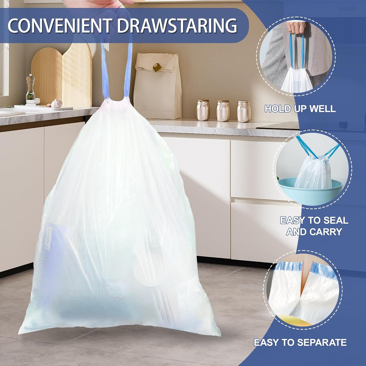 150 Count 2 Gallon Trash Bags Drawstring - 0.96 Mil Small Garbage Bags Unscented,Heavy Duty Trash Can Liners,7.5 Liter Wastebasket Bags for Home Bathroom Office Bulk