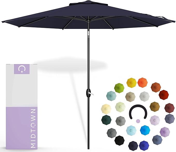 Midtown Umbrellas 10-Year-No-Fade - 6 Ft - UV Proof Navy Blue Fabric - Umbrella Outdoor Patio, Auto-Tilt Aluminum Frame Large Patio Umbrella for Garden, Pool & Deck - Black Pole