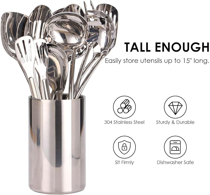 Double Wall Utensil Holder - 304 Stainless Steel Sleek Kitchen Utensil Holder for Countertop, Spatula Spoon Storage Organizer, Large Cooking Utensil Caddy Counter, Shining Utensil Crock, Mirror Polish