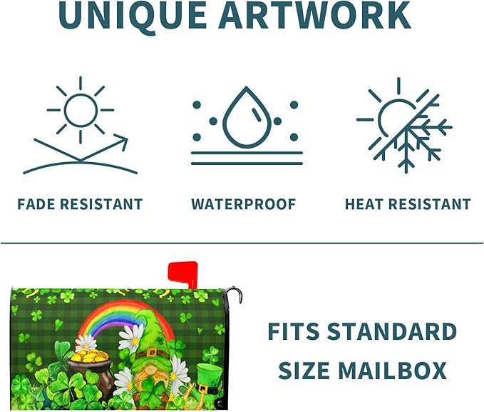 St. Patrick's Day Green Gnome Magnetic Mailbox Cover - Green Buffalo Plaid, Good Luck Leaf & Rainbow Design - Standard Size 25.5x21 Inch for Home & Outdoor Garden