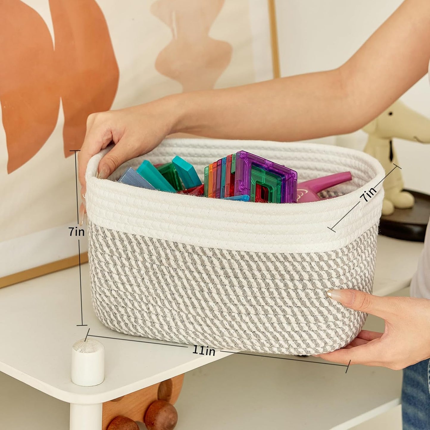 Small Cotton Rope Basket – Storage Bin for Organizing (10.6" x 6.7" x 6.7"), Bathroom Storage Basket for Shelf, Counter & Closet（White & Mixed Grey）