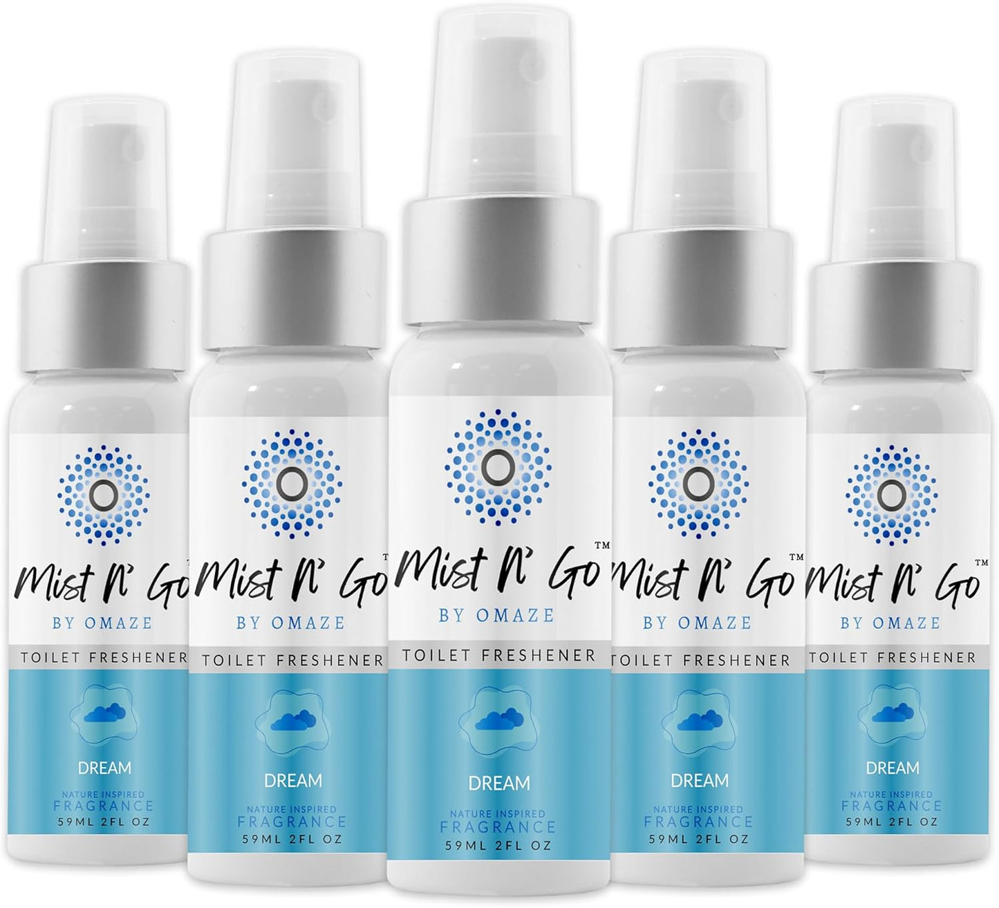 Mist N’ Go by Omaze Travel Bathroom Spray for Toilet Spray Odor Eliminator - Travel Toilet Spray for Bathroom Air Freshener Spray for Bathroom Deodorizer - Dream Regular Size (2oz x5)