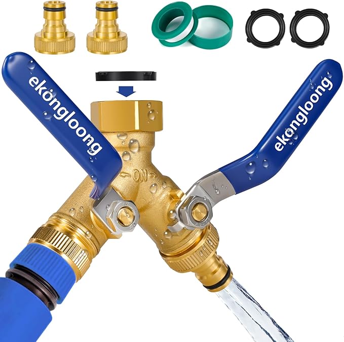 Brass Hose Splitter 2 Way Heavy Duty with Long Handle Switch, Y-Way Water Faucet with 3/4" GHT Thread, Heavy Duty Hose Connector for Lawn Irrigation/Outdoor Sprinkler System(With Nipple‌)