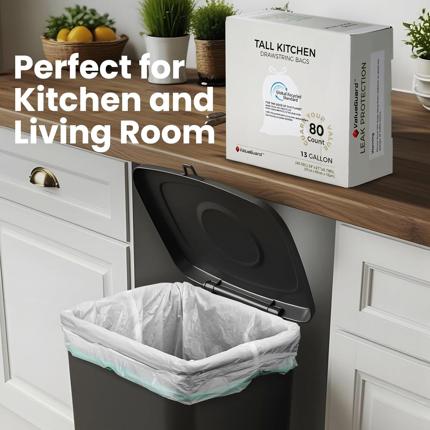 Large Trash Bag 13 Gallon Tall Drawstring 100% Post-Consumer Recycled Garbage Bag Waste Bag for Kitchen Office (80 Count, 0.6 Mil)