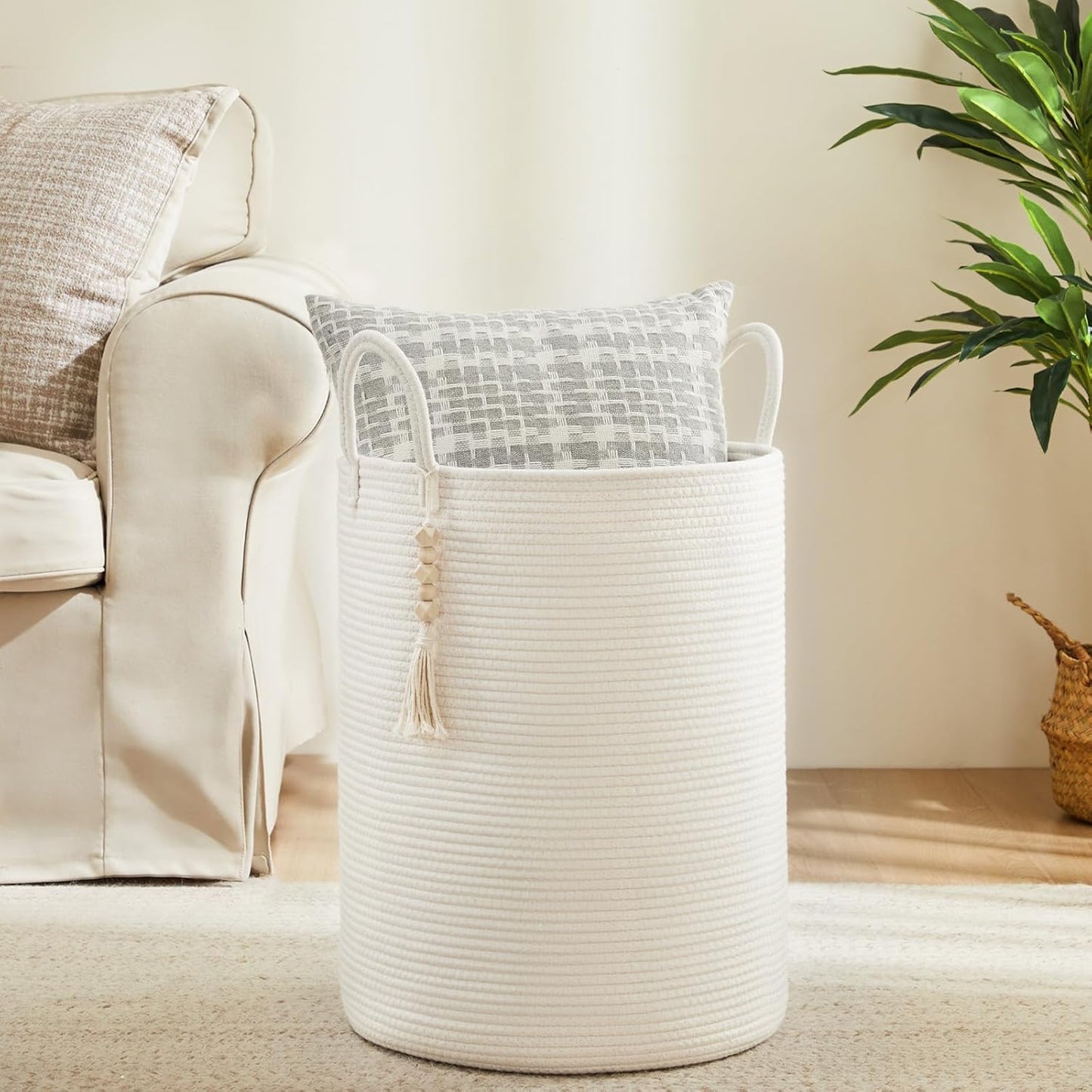 Fiona's magic Woven Rope Laundry Hamper, Tall Laundry Basket for Blanket Storage, Large Dirty Clothes Hamper for Toys, Decorative Baby Nursery Hamper for Bedroom, Living Room - White, 58L