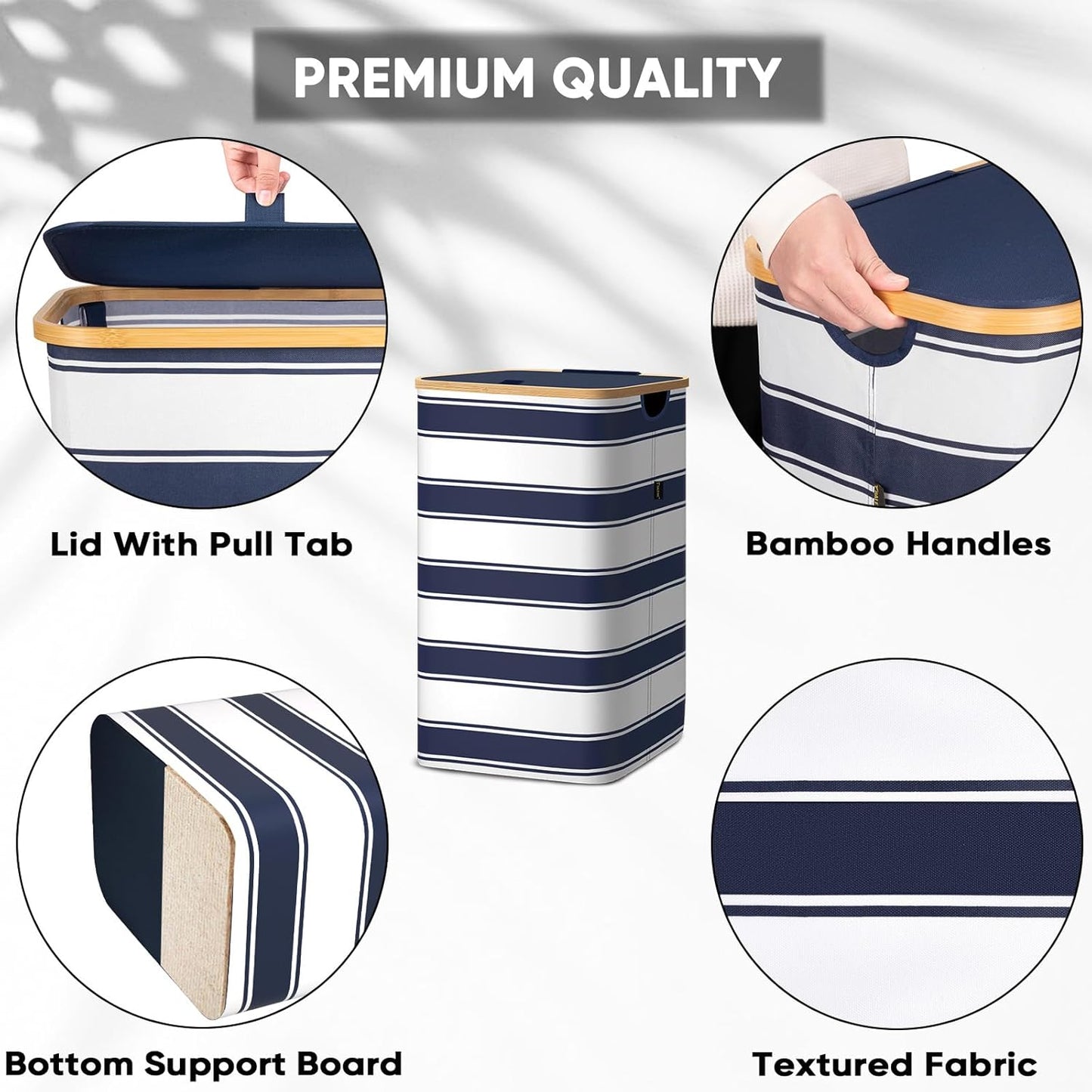 BALEINE Laundry Hamper with Lid, Tall Laundry Baskets with Bamboo Pull Handles, Large Laundry Bin with Internal Support (18 Gal/70L, Blue Stripe)