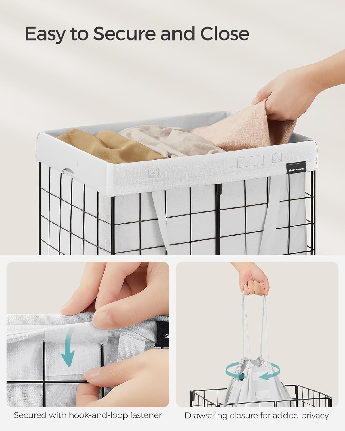 SONGMICS Laundry Hamper, 11 Gal. (50L) Laundry Basket, Collapsible Clothes Hamper, Removable and Washable Liner, Metal Wire Frame, for Bedroom Bathroom, Cream White ULCB150W01