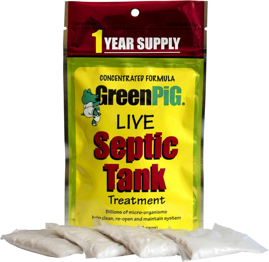 GREEN PIG Septic Tank Treatment Packets, Septic Safe Clog Remover, Prevents Expensive Septic Tank and Drain Field Failures, 4 Pods, 1-Year Supply