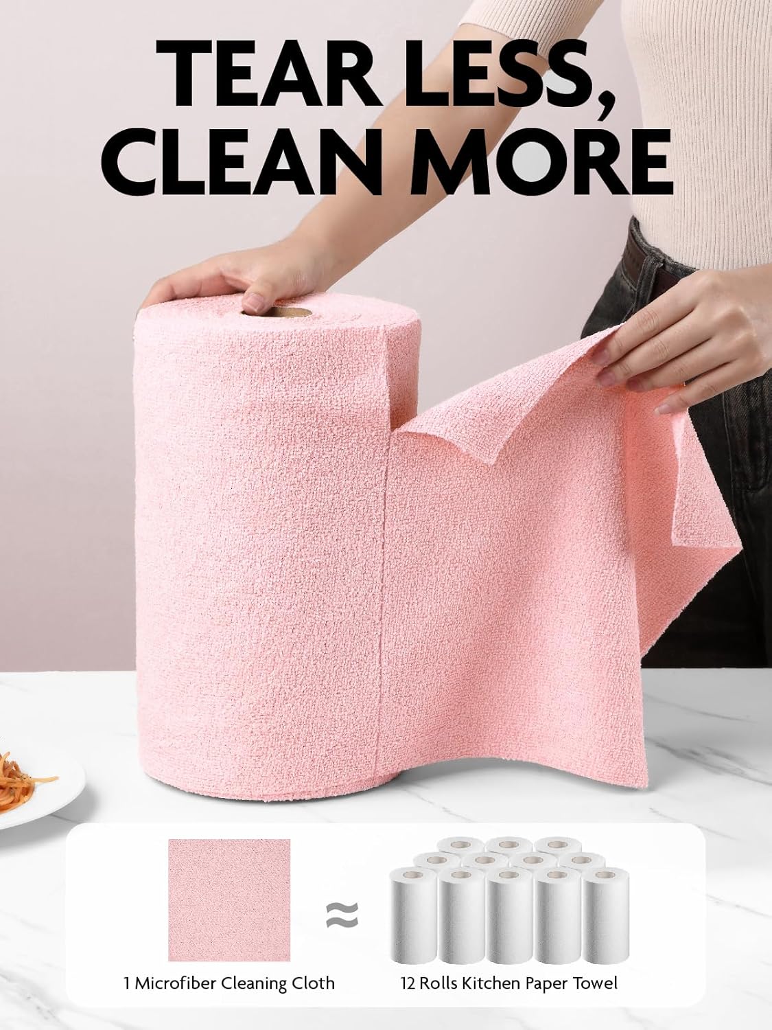 Fantasticlean Microfiber Cleaning Cloth Roll -75 Pack, Tear Away Microfiber Towels, 12" x 12", Reusable, Washable, Scratch Free, Ultra Absorbent Dish Rags for Car, Home, Garage or Shop (Pink)