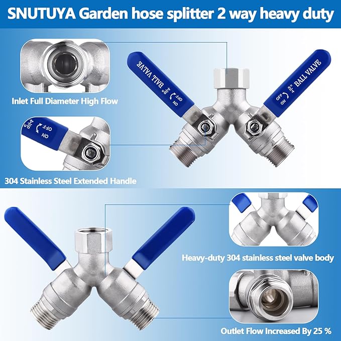 304 Stainless Steel Garden Hose Splitter 2 Way Heavy Duty, Full Flow Y Valve Water Hose Splitter With Long Handle, Lead-free，3/4" GHT Thread