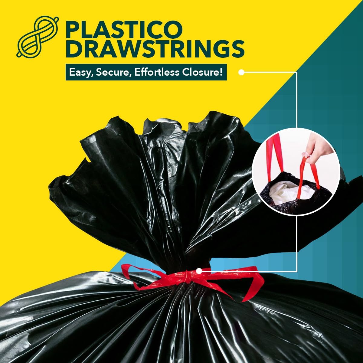 Plastico Extra Tall Kitchen Trash Bags - 18 Gallon, Black, 36 Garbage Bags, Extra Strong, Easy Drawstrings - Odor Guard Control, Unscented, 1.1 Mil Thick Plastic