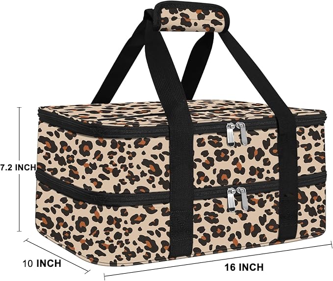 esouler Double Insulated Casserole Carrier Bag Hot & Cold Food Carrier Bag Lasagna Holder Lunch Bag for Picnics, Parties, Travel, Fits 9 x 13 Inches Casserole Dish-Leopard