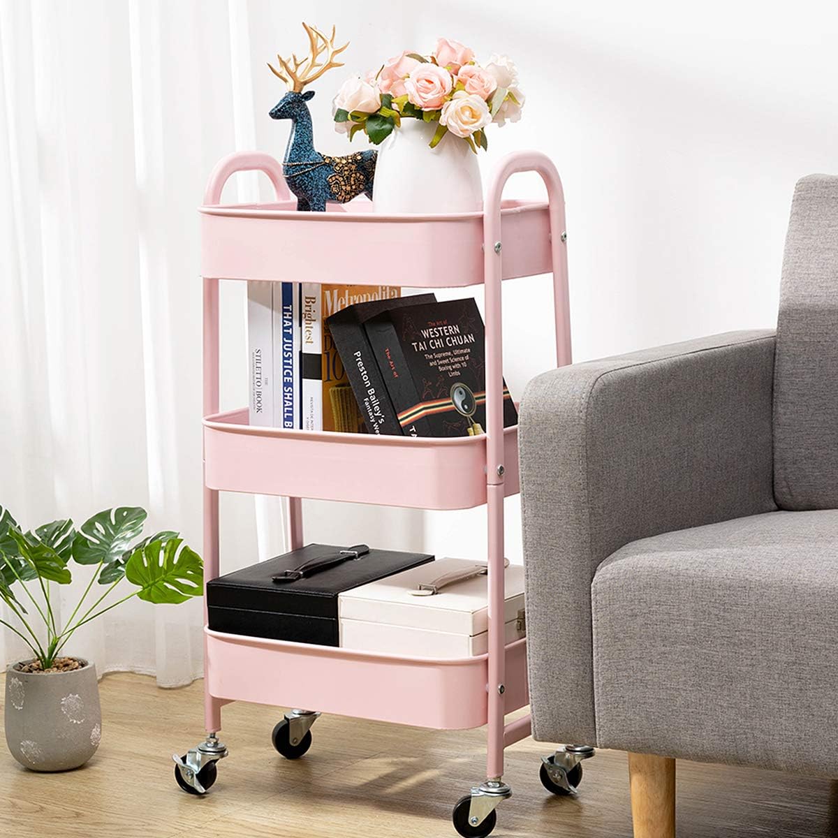 AGTEK Makeup Cart, Movable Rolling Organizer Cart, 3 Tier Metal Utility Cart Pink