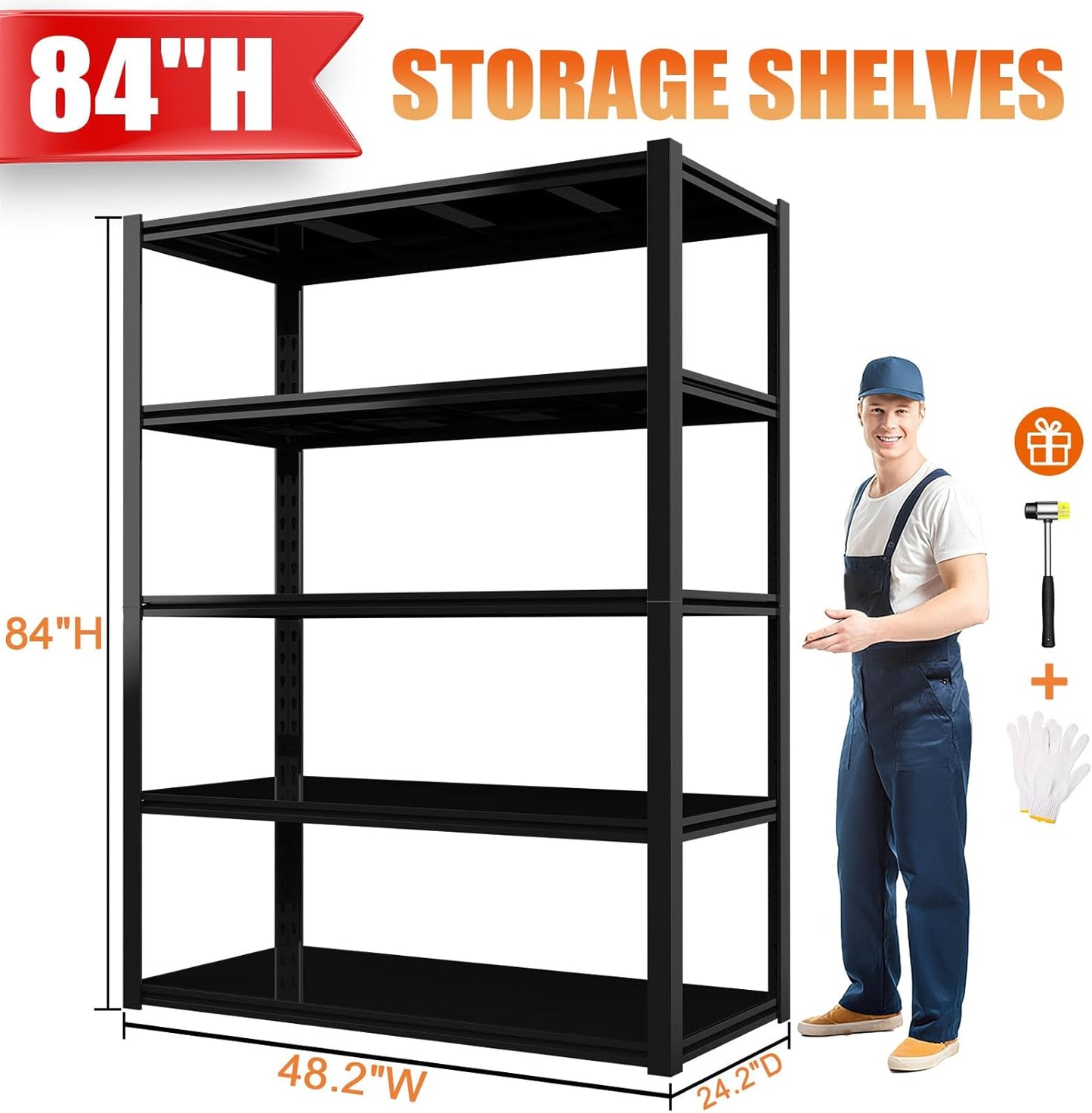 84“H Garage Shelving Heavy Duty Storage Shelves 3000 LBS Adjustable 5 Tier Metal Shelving Uints and Storage for Garage, Warehouse, Commercial, 48" W x 24" D x 84" H, 4 Packs