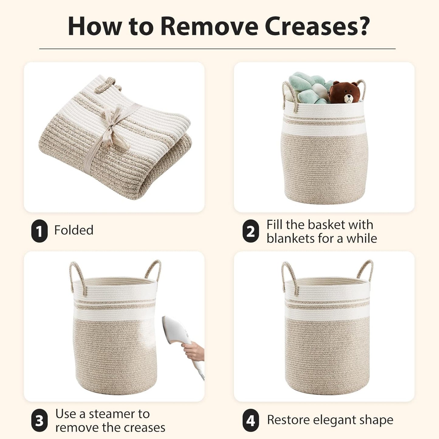 Large Laundry Hamper, Tall Woven Storage Basket for Blankets, Cotton Baby Nursery Hamper, Toys and Dirty Clothes in Bedroom and Living Room Organizing - 58L Brown & White