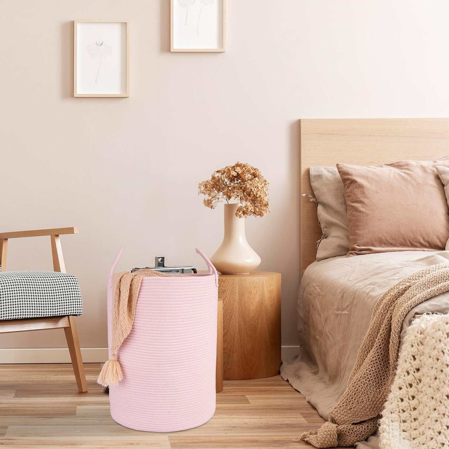 Cotton Rope Laundry Basket Hamper for Clothes Woven Storage Basket for Living Room Bedroom Boho Tall Rope Baskets for Blanket Toys Pillow Towels Baby Nursery Hamper Bin Large light pink