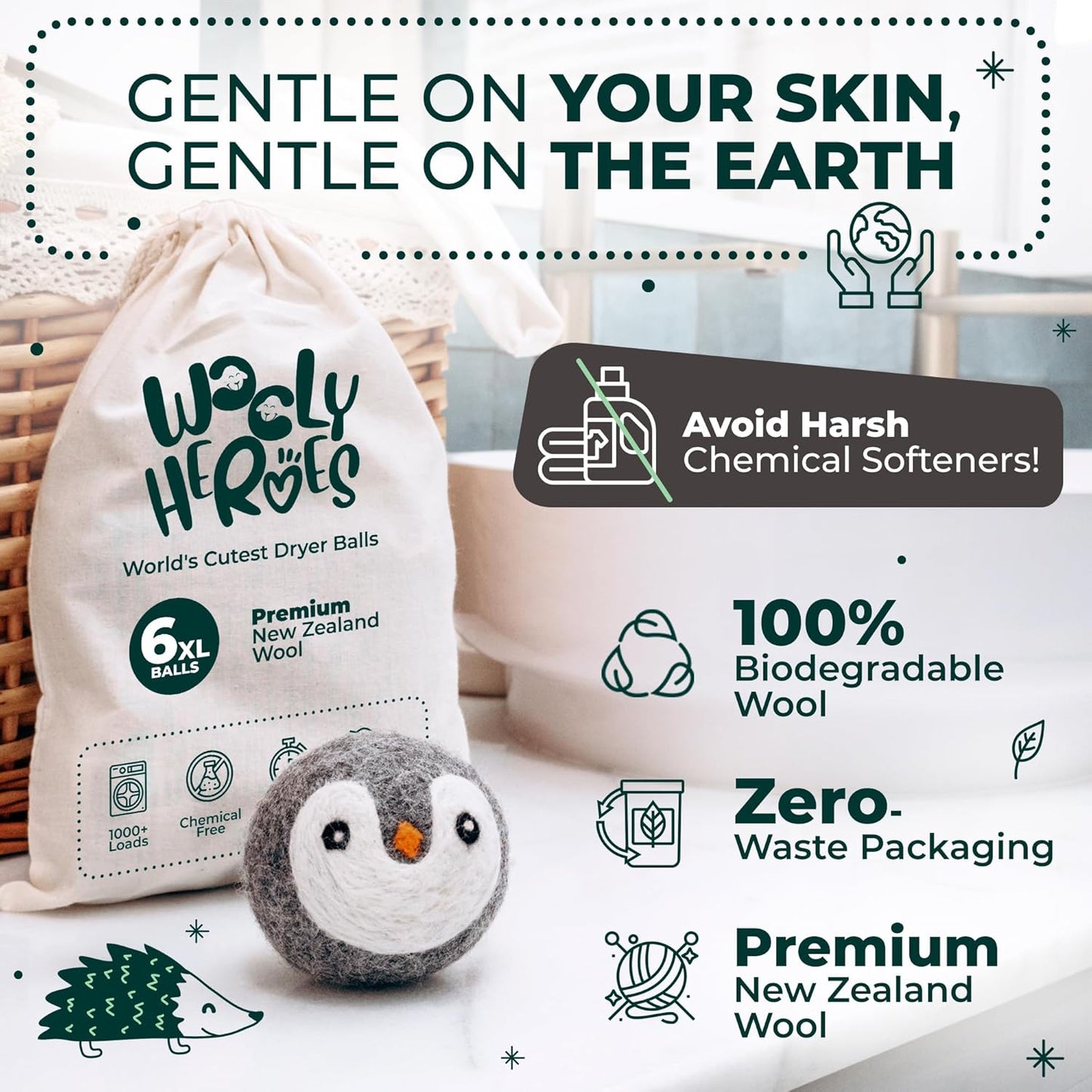 No More Dryer Sheets! Reusable Wool Dryer Balls XL 6-Pack - Reduces Static, Cuts Dry Time, & Softens Naturally