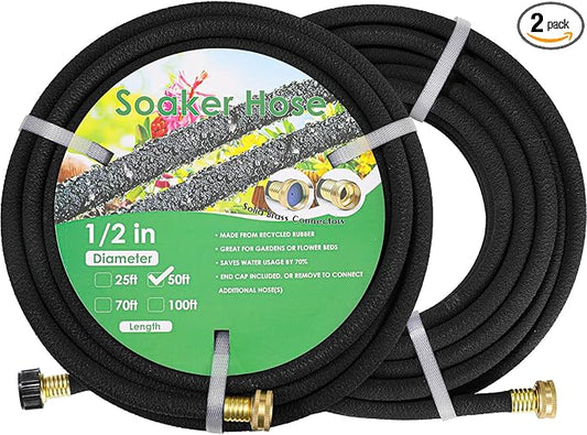 MAMIZO Soaker Hose 100 ft 1/2", Solid Brass Connectors,Heavy Duty Drip Hose to Save 70% Water, Rubber Longer Lasting, Soaker Hose for Garden, Lawn and Yard (1/2" 50ft×2)