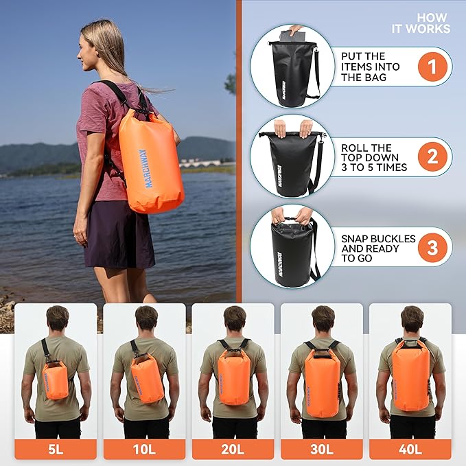 MARCHWAY Floating Waterproof Dry Bag Backpack 5L/10L/20L/30L/40L, Roll Top Sack Keeps Gear Dry for Kayaking, Rafting, Boating, Swimming, Camping, Hiking, Beach, Fishing