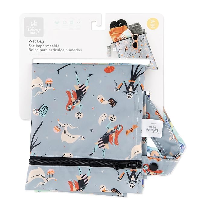 Bumkins Disney Waterproof Wet Bag for Baby, Travel, Swim Suit, Cloth Diapers, Pump Parts, Pool, Beach, Gym Clothes, Toiletry, Hook to Stroller, Daycare, Zip Reusable Wetdry, Nightmare Before Christmas