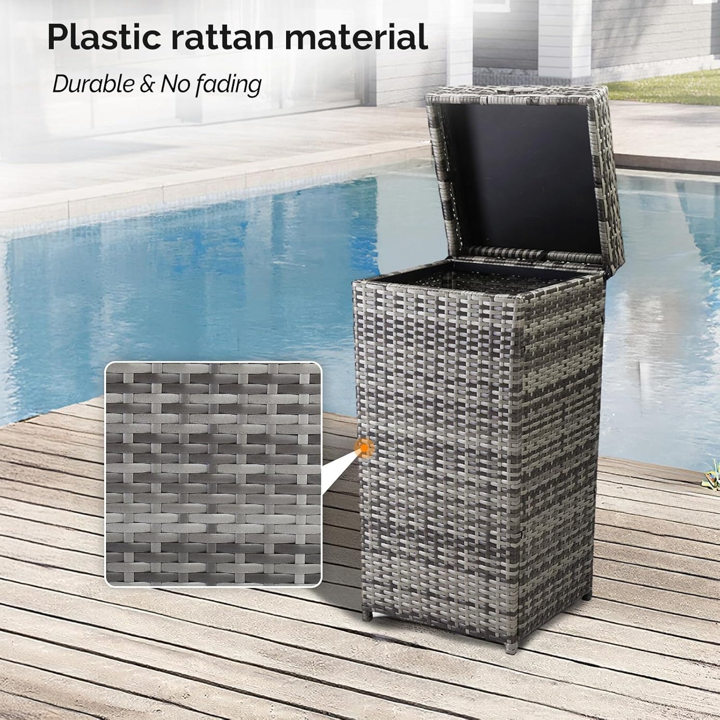 VINGLI Wicker Patio Trash Can, 27 Gallon Rattan Trash Can with Removable Lid, Outdoor Wicker Waste Basket, Wast Container (Grey)