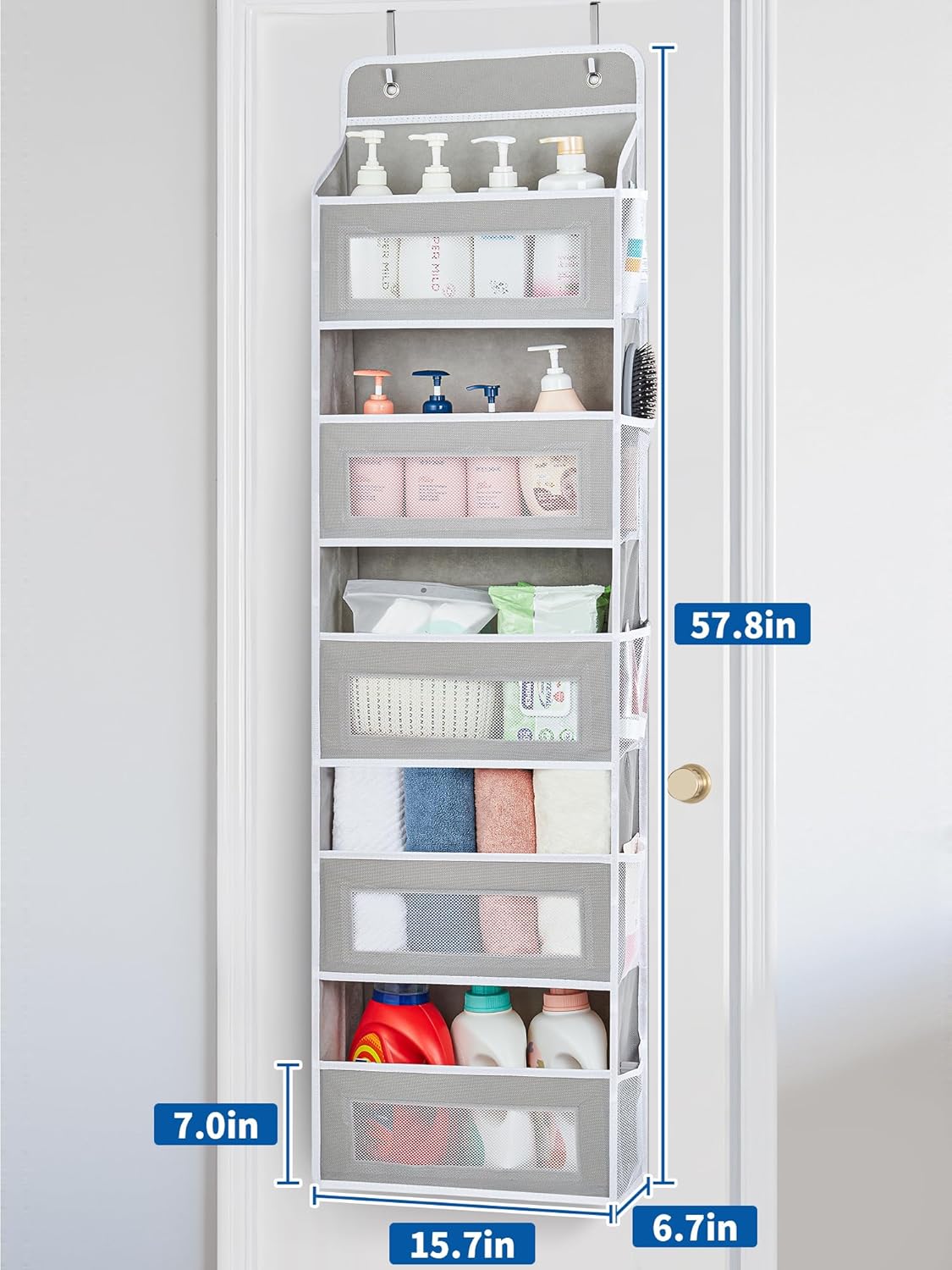 JARLINK 2 Pack Over The Door Organizer, 5 Shelf Door Hanging Organizer with 5 Large Pockets, 44 lbs Weight Capacity Hanging Storage for Bathroom, Bedroom, Nursery, RV, Pantry (Light Grey)