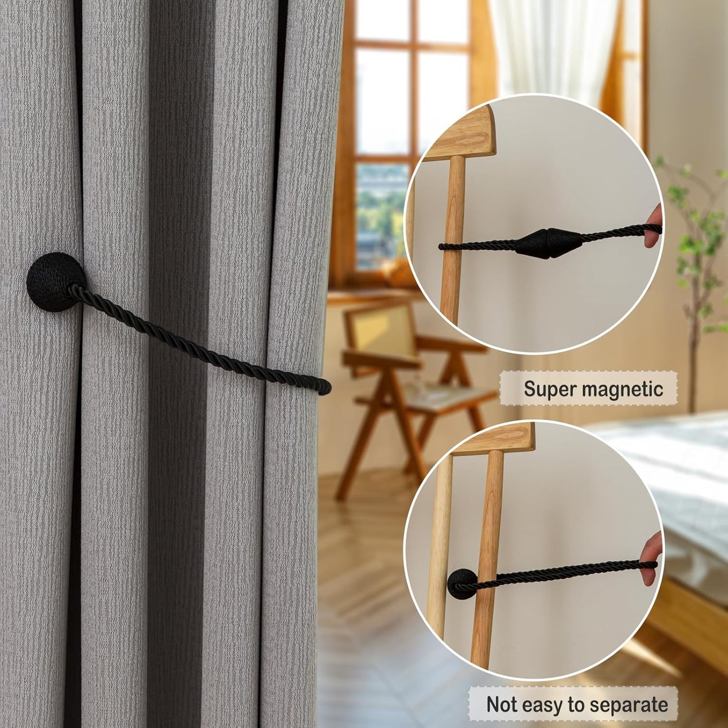 Magnetic Curtain Tiebacks 4 Pack Outdoor Rope Curtain Tie Backs Decorative Window Treatment Holdbacks for Home Decorative Curtain, Black