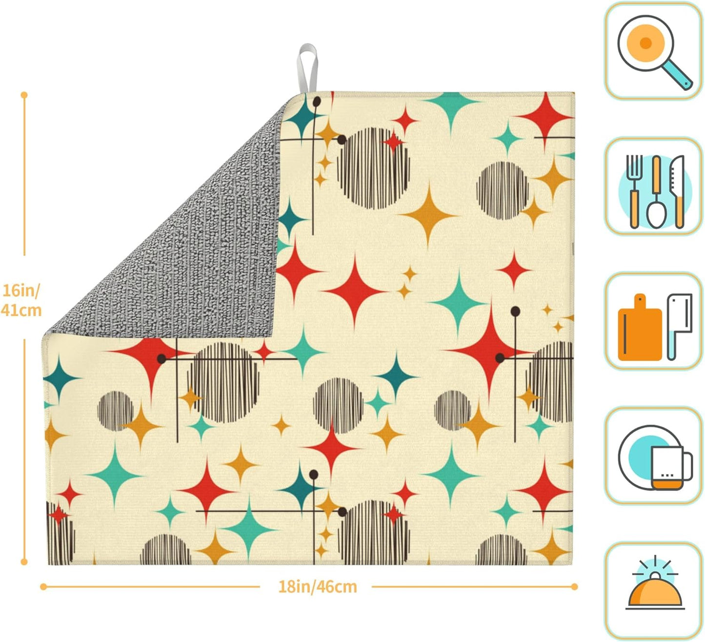 Mid Century Modern Atomic Retro Dish Drying Mat for Kitchen Counter Washable Absorbent Drying Mat Reversible Microfiber Yellow Drying Pad Home Holiday Decor Kitchen Accessories 16"x18"