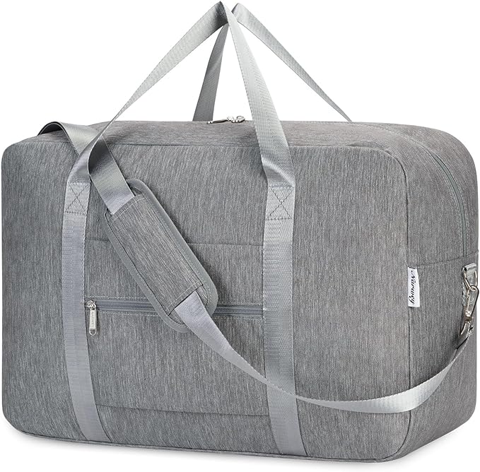 Carry on luaggage 22x14x9 Airlines Approved Foldable Carry on Bag Travel Duffel Packable Duffle Overnight for Women and Men 40L (Grey)
