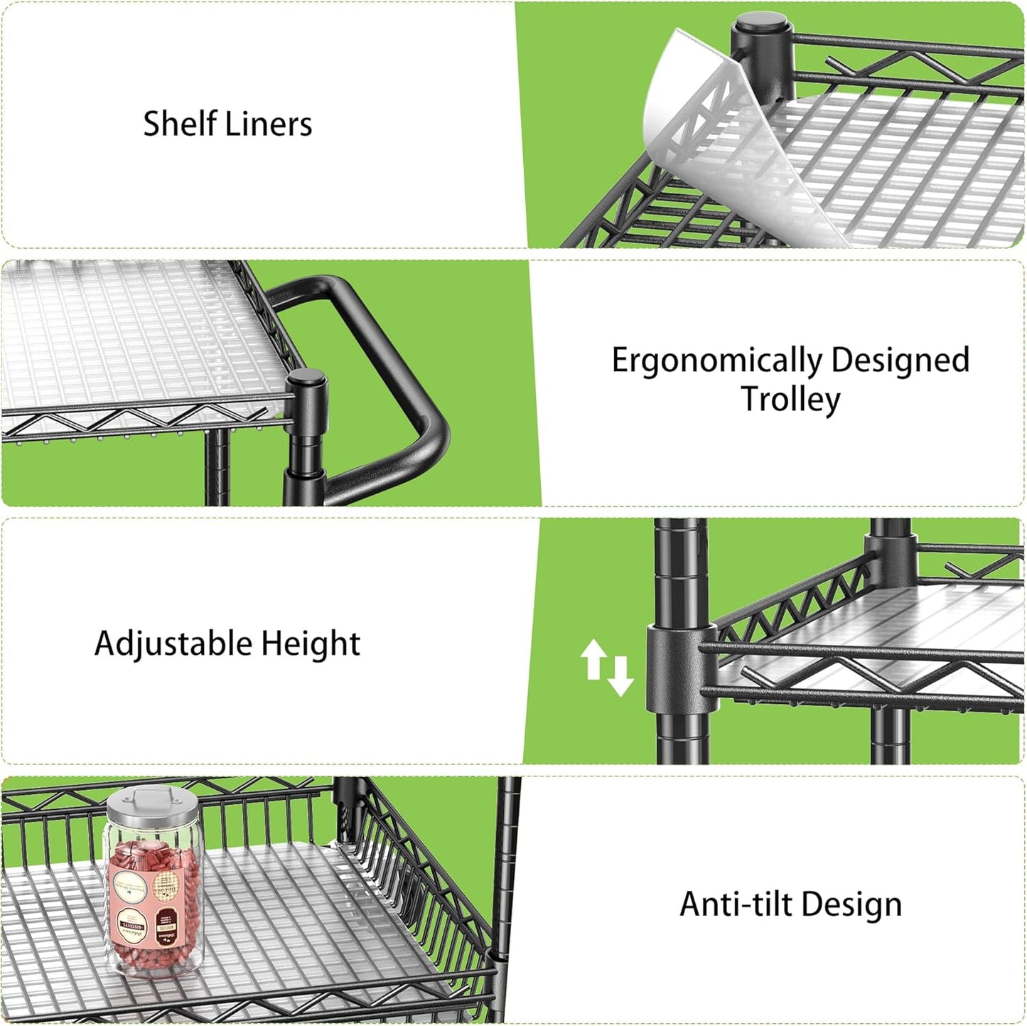 3 Tier Metal Cart with Wheels, Heavy Duty Utility Rolling Cart 1050lbs, Commercial Grade Kitchen Trolley with Handle Bar&Shelf Liner, Mobile Steel Wire Trolley for Warehouse Garage Kitchen