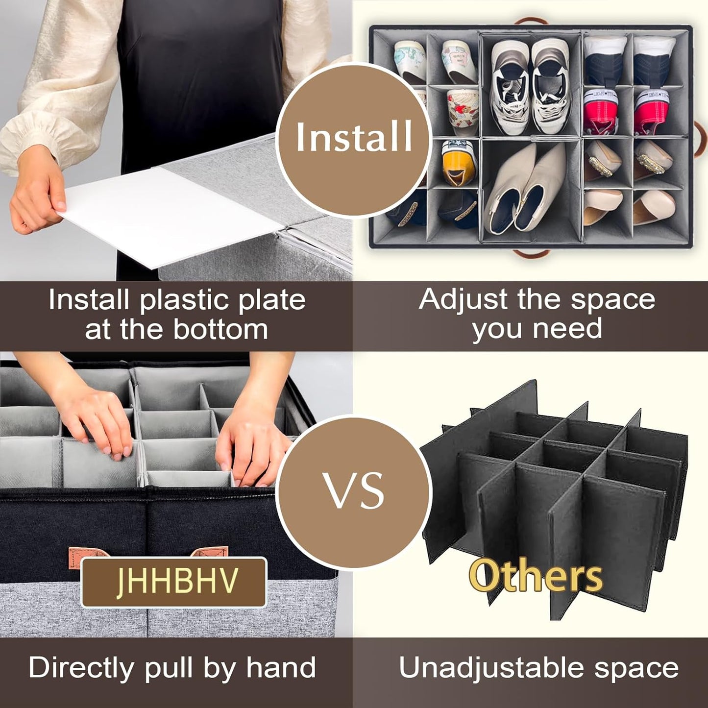 1 Pack Shoe Organizer for Closet, Adjustable Shoe Box Storage Containers, Large Foldable Shoe Bins with Clear Cover, Space Saving Shoes Holder with 4 Handles, Fits 12-24 Pairs, Black