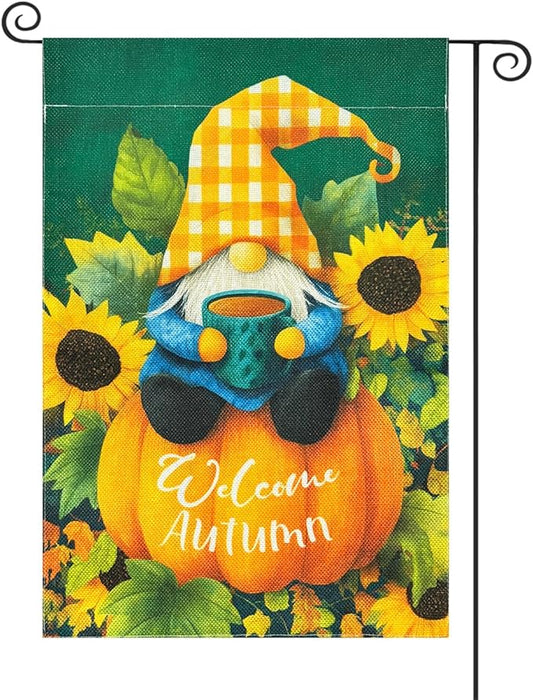 ROTERDON Fall Gnome Garden Flag 12x18 Inch, Welcome Autumn Sunflower Garden Flags Double Sided for Outside, Party Holiday Burlap Farmhouse Yard Outdoor Decoration