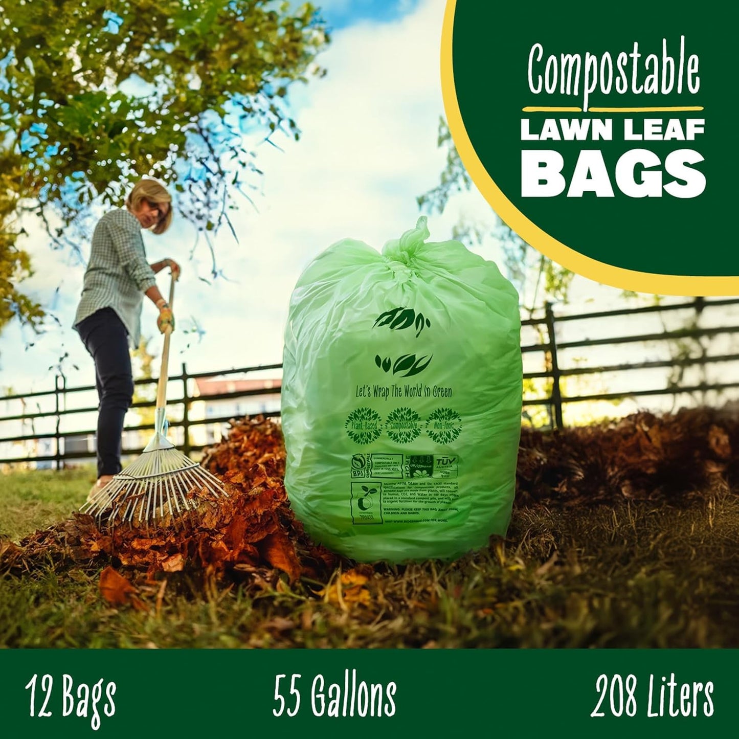 50-55 Gallon Compost Bags, Heavy Duty Compostable Trash Bags, 1.57 Mil Extra Thick Biodegradable Yard Waste Bags, Compostable Lawn Bags, Large Compost Leaf Bags BPI & ASTM D6400 Certified