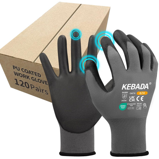 Kebada Safety Work Gloves,120 Pairs Bulk Pack, Touchscreen, PU Coated, Ideal for Warehouse, Construction, Gardening and Mechanics, Grey, Large