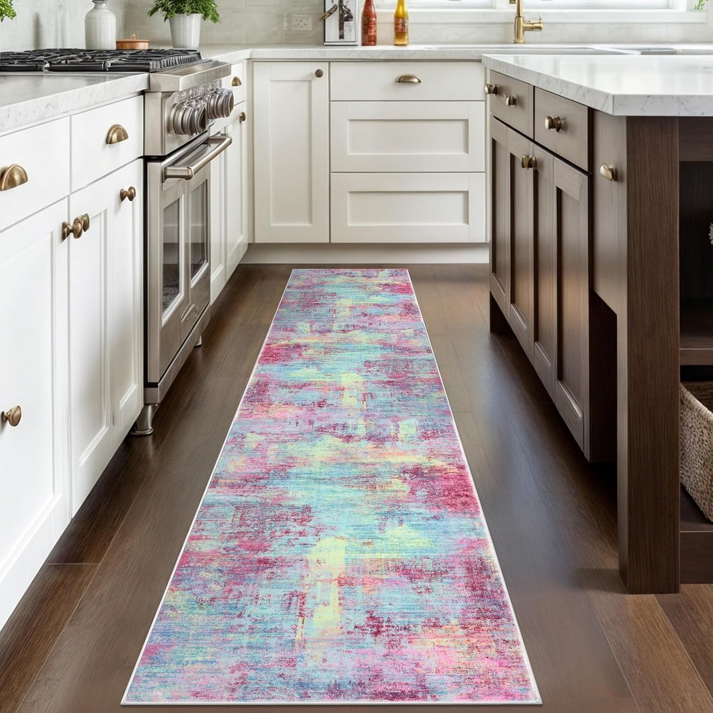 IOHOUZE Abstract Runner Rug 2x8 Ft Washable Runners for Hallways, Non Slip Kitchen Runner Printed Faux Wool Entryway Runner Indoor, Modern Abstract Floor Carpet for Hall Kitchen Bedroom, Pink Teal