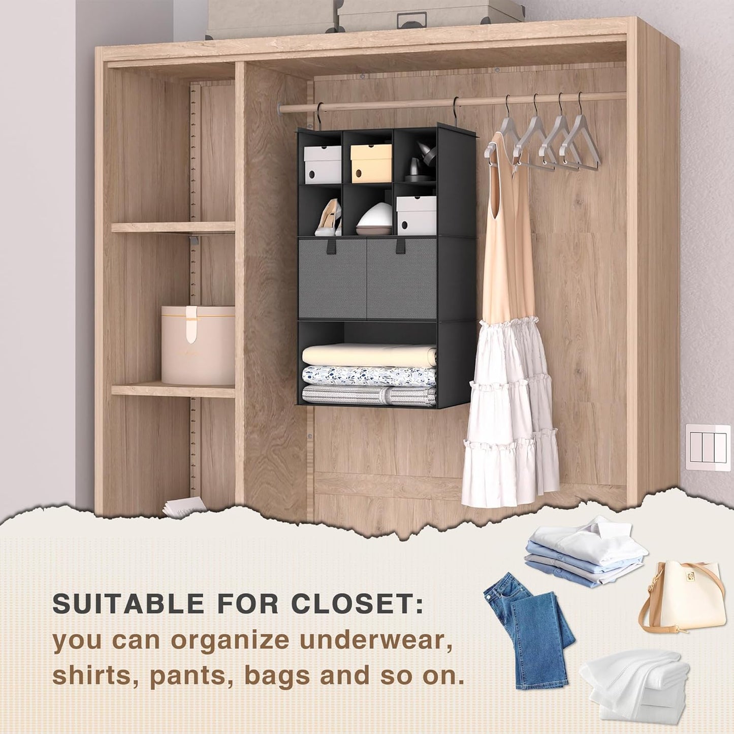 Hanging Closet Organizer 4 Shelves, 2 Drawers Closet Organization and Storage, 6 Compartments Wardrobe Clothes Organizer, Dark Gray