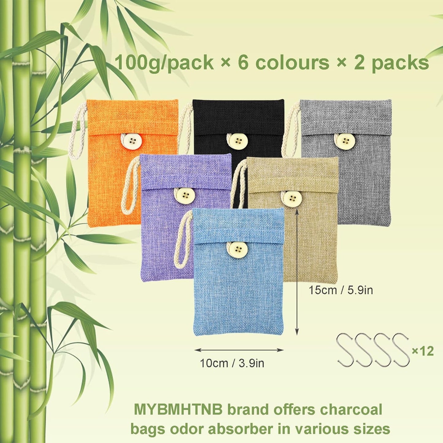 Bamboo Charcoal Bags Odor Absorber 12 Pack×100g Bamboo Charcoal Air Purifying Bags, for Car Air Fresheners, Odor Eliminator for Home，Shoe Deodorizer - Colorful-Activated Charcoal Odor Absorbers