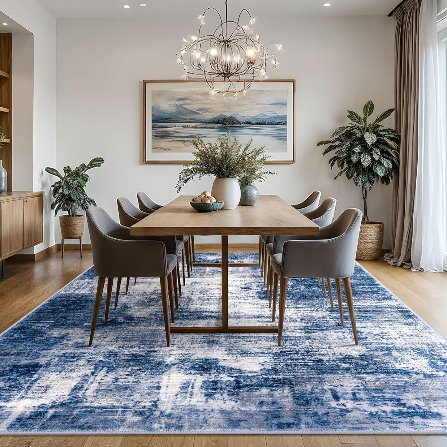 IOHOUZE Abstract Area Rugs 8x10 Ft Washable Large Rugs for Living Room, Non Slip Dining Room Rug, Printed Faux Wool Rugs for Bedroom, Floor Carpet for Office Nursery Playroom, Navy/Grey