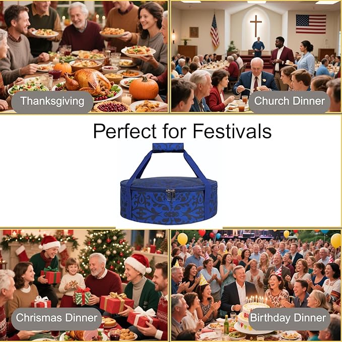 Round Insulated Pie Carrier – Thermal Portable Lunch Transport Cheesecake Cake Dish Container Bag Keep Food Hot/Cold/Fresh for Potlucks Parties Gathering/Cookouts/Church Dinner/Outdoor Events-Blue