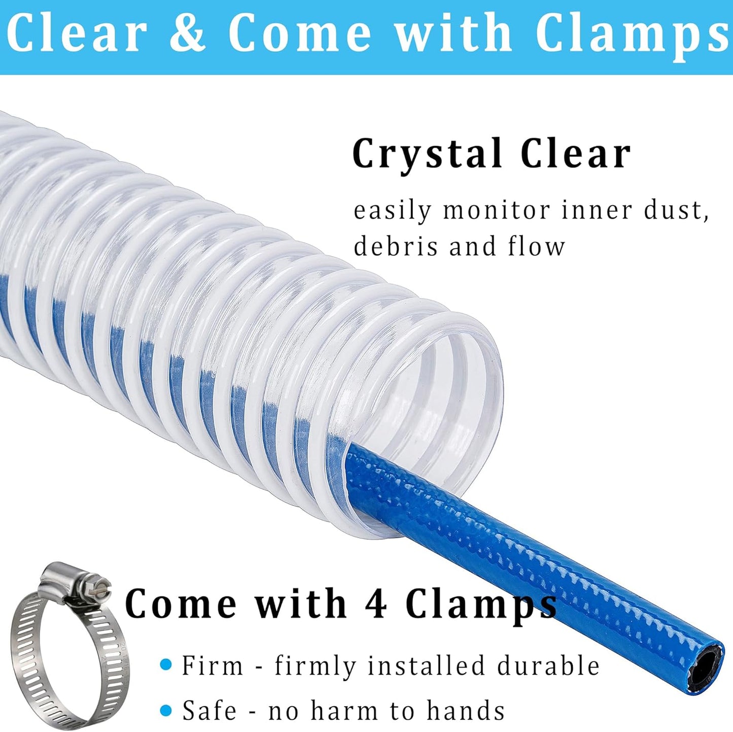 Dust Collection Hose 2-1/2 in × 5 ft Heavy Duty Clear Flexible PVC Reinforced Thicken Helix Suction Discharge Corrugated Pipe Hose for Fume Dust Collector Fitting Wood Chip Saw (2.5 inch hose)