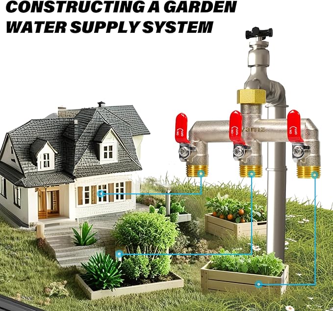 Heavy Duty Brass Garden Hose Splitter - 3-Way 3/4" GHT Thread, High Flow Faucet Splitter, Water Hose T Spigot Splitter with Shutoff Valves, Water Adapter & Connector-Long Metal Handle