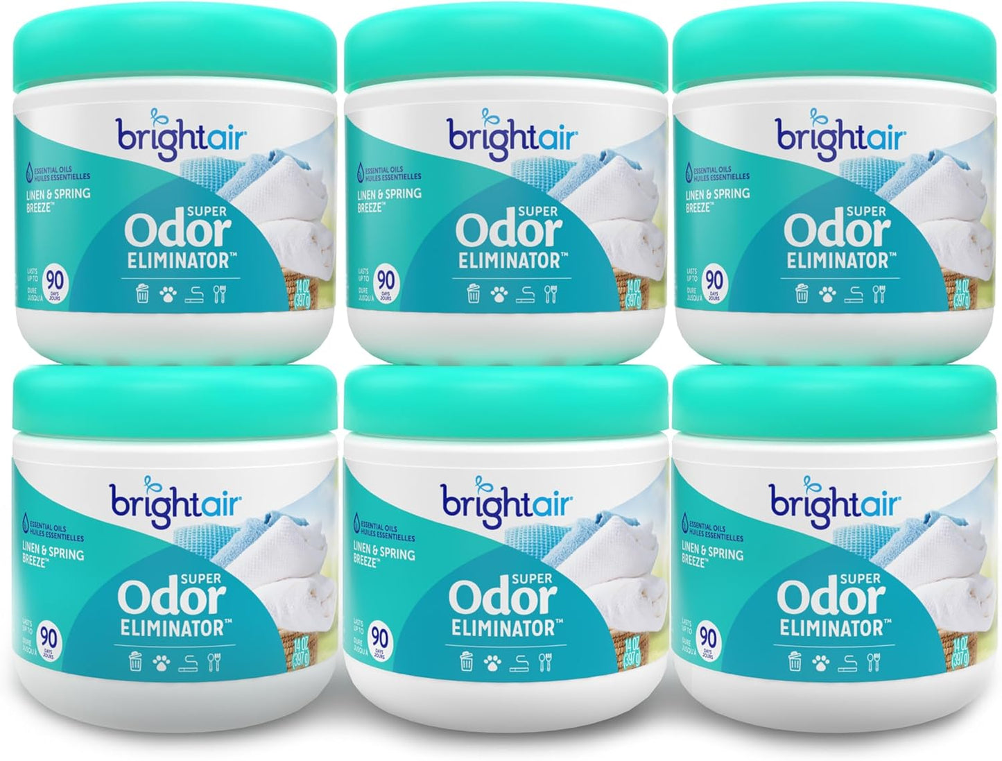 Bright Air 14 oz. Super Odor Eliminator, For Medium-Size Spaces, Linen & Spring Breeze Scent, Case of 6, Air Freshener, Natural Essential Oils, Lasts Up to 90 Days Each