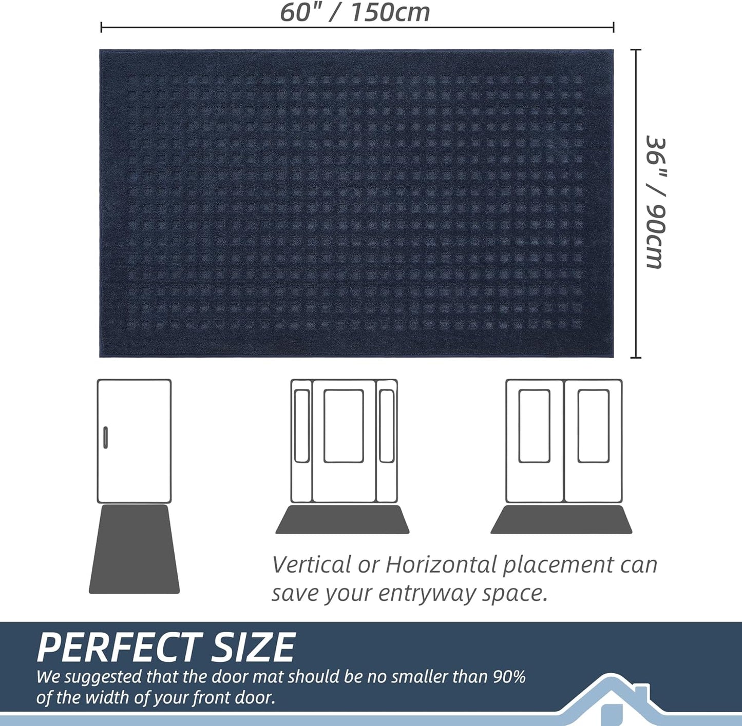 BEQHAUSE Waffle Door Mats Indoor 36"x60", Dog Mat for Muddy Paws Absorbent and Dirt Resist Floor Mats Non-Slip Washable Rugs for Entryway, Welcome Mat for Front Back Door, Muddy Wet Shoes, Navy Blue