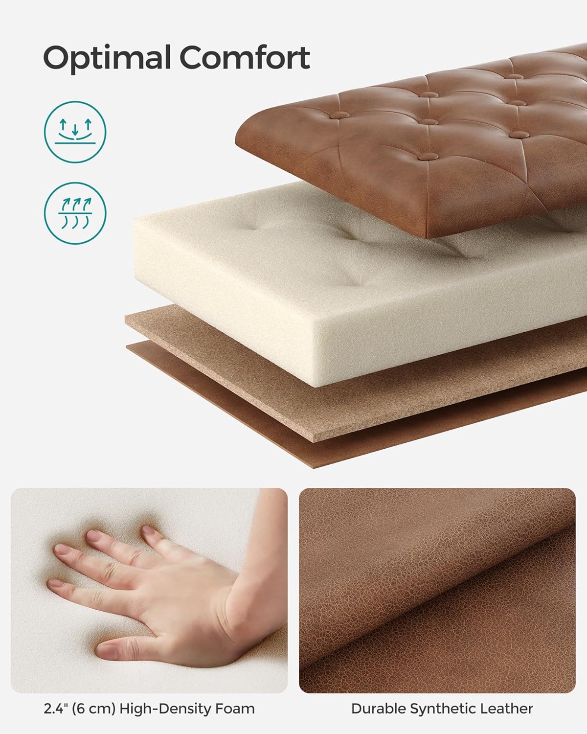 SONGMICS Storage Ottoman, Storage Bench, Tufted Entryway Bedroom Bench, 17.7 x 46.5 x 17.7 Inches, Hinges Easy Lid Operation, Wooden Legs, Synthetic Leather, Loads 330 lb, Coffee Brown ULOM071K01