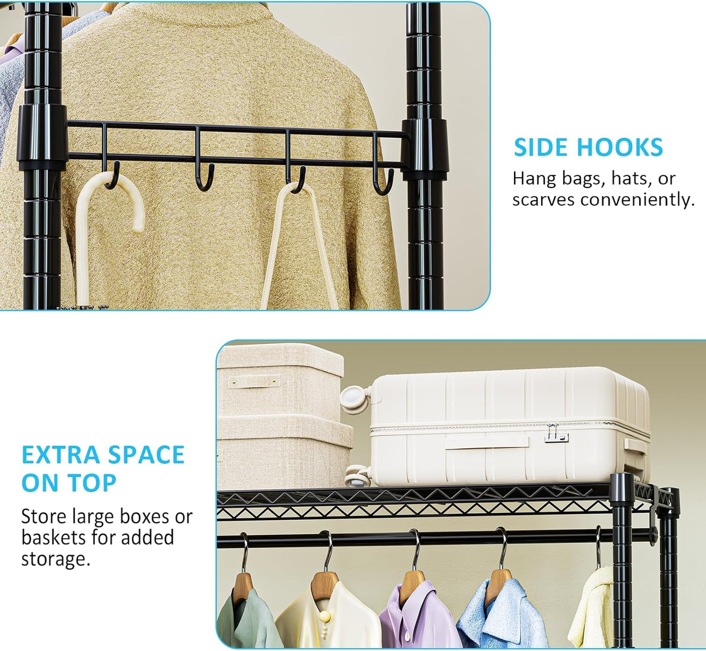 IZEUK Heavy Duty Rolling Garment Rack with 3 Adjustable Wire Shelves, Hanging Rod & Side Hooks - Mobile Clothes Rack with Wheels, 29.5" W x 15.7" D x 75" H, Black