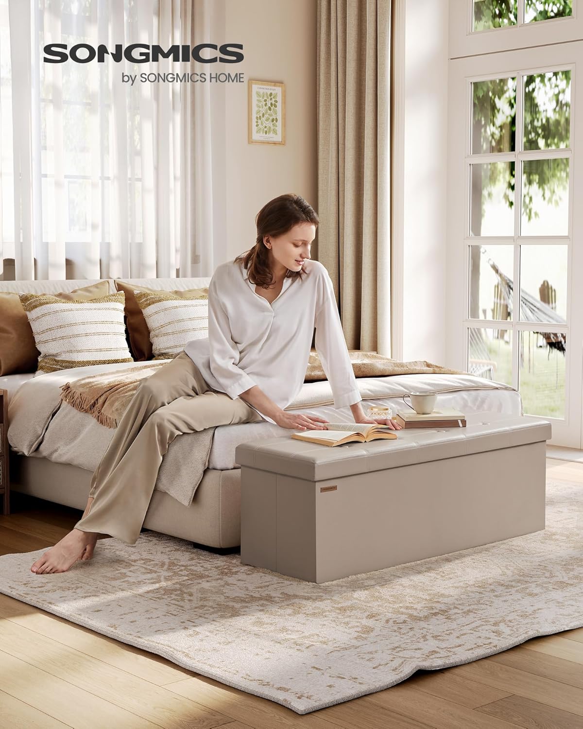 SONGMICS Mazie Collection - 43 Inches Folding Storage Ottoman Bench, Ottoman with Storage, Foot Rest Stool, Load 660 lb, for Living Room, Synthetic Leather, Camel Brown ULSF070K03